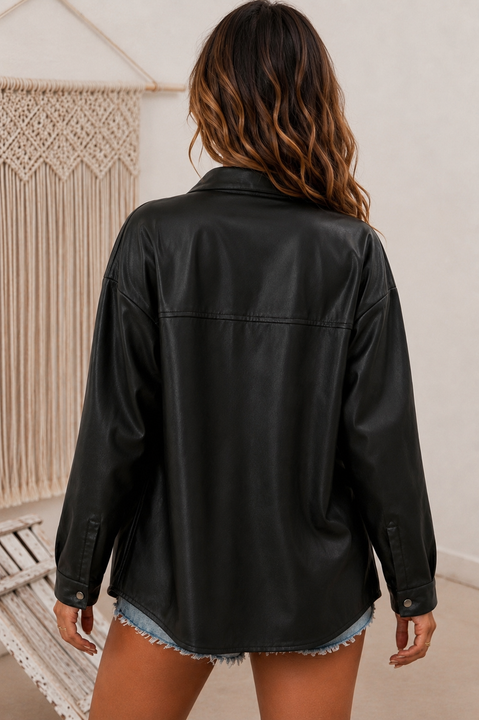 Load image into Gallery viewer, Black Leather Like Long Sleeve Snap Button