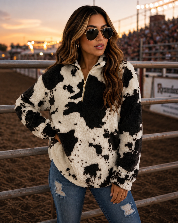 Load image into Gallery viewer, Black Cow Print Quarter Zip Pullover Jacket