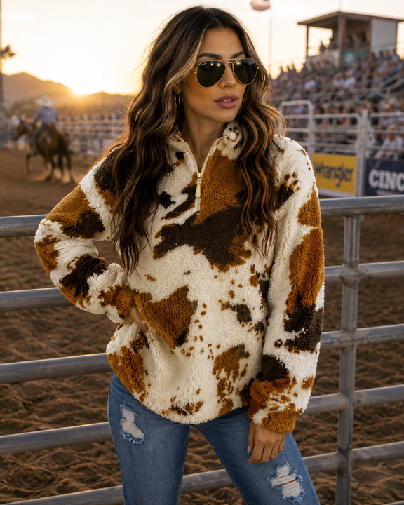 Load image into Gallery viewer, Brown Cow Print Quarter Zip Pullover Jacket