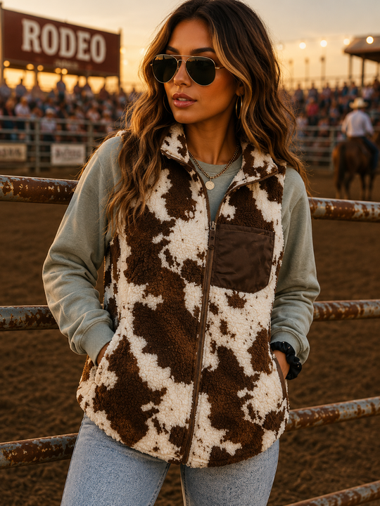 Load image into Gallery viewer, Brown Cow Print Plush Fleece Faux Fur Zip Up Vest