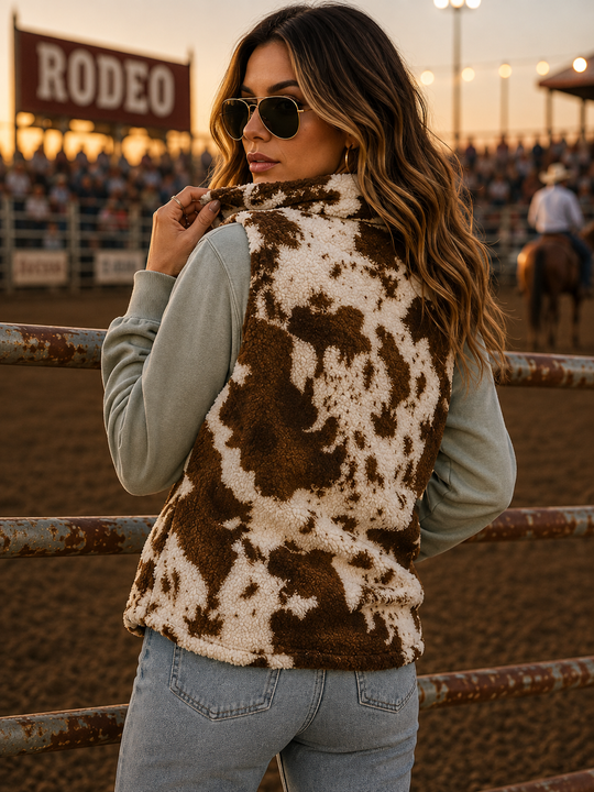 Load image into Gallery viewer, Brown Cow Print Plush Fleece Faux Fur Zip Up Vest