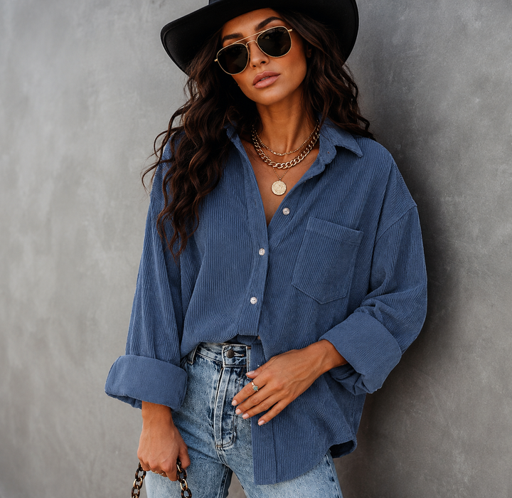Load image into Gallery viewer, Blue Corduroy Long Sleeve Button Up Top