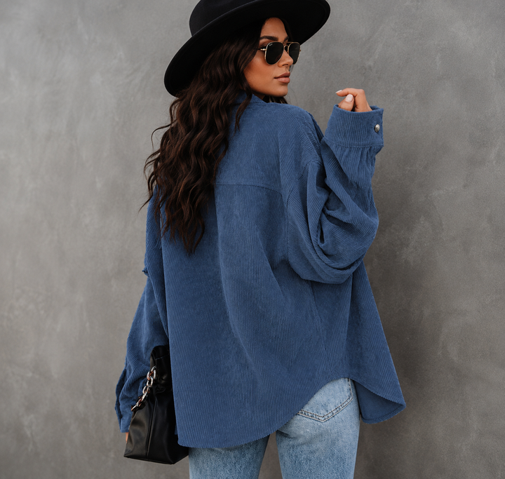 Load image into Gallery viewer, Blue Corduroy Long Sleeve Button Up Top