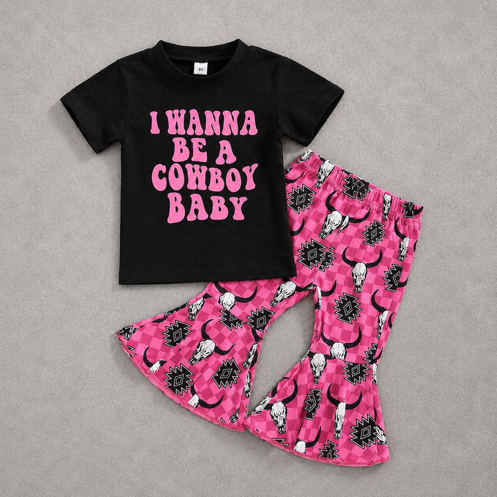 Load image into Gallery viewer, I Wanna Be A Cowboy Baby Shirt &amp; Flare Bell Bottom Pants Set  | Western Girl Clothes
