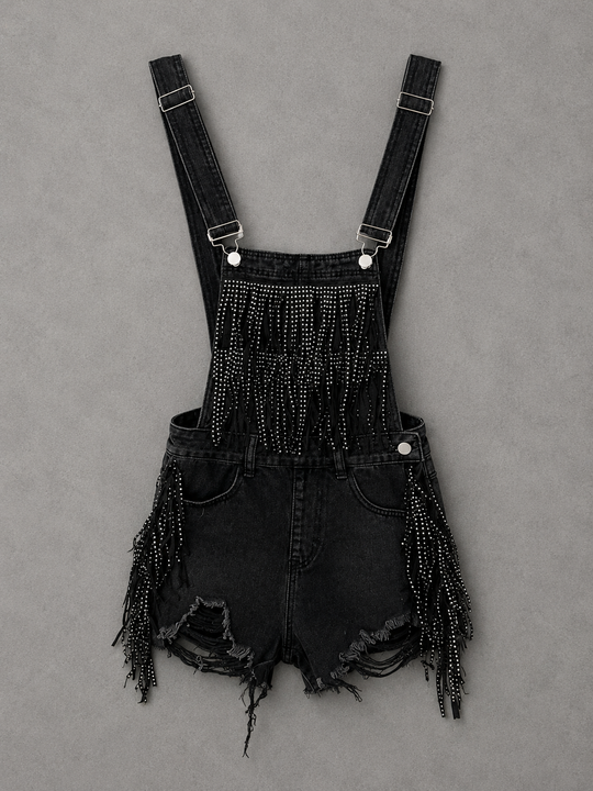 Load image into Gallery viewer, Blue B Black Fringe Studded Denim Overalls
