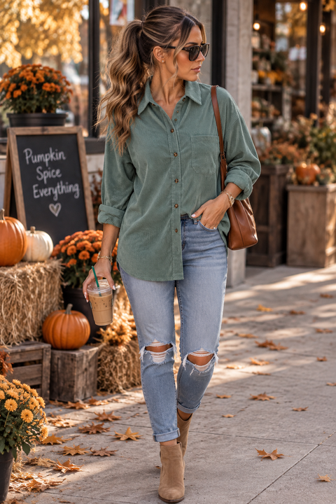 Load image into Gallery viewer, Mint Green Corduroy Button Up Long Sleeve