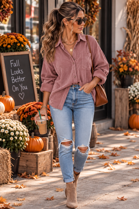 Load image into Gallery viewer, Pink Corduroy Long Sleeve Button Up Top