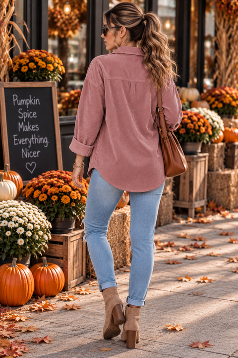 Load image into Gallery viewer, Pink Corduroy Long Sleeve Button Up Top