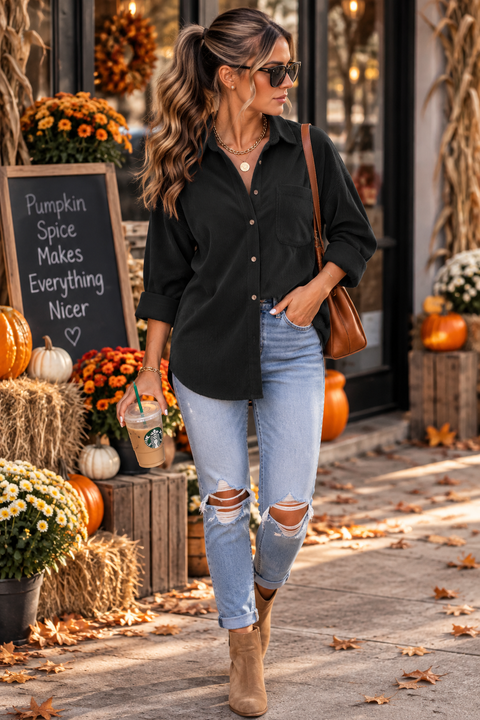 Load image into Gallery viewer, Black Corduroy Long Sleeve Button Up Top