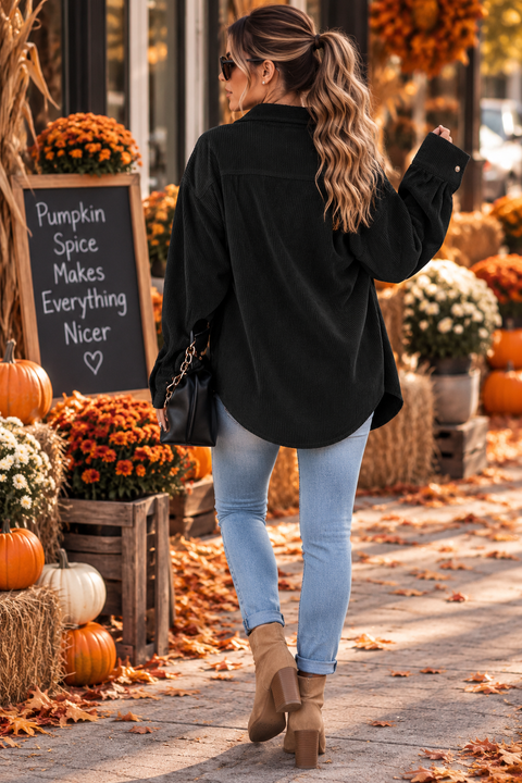 Load image into Gallery viewer, Black Corduroy Long Sleeve Button Up Top