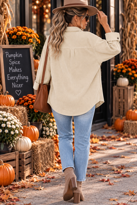 Load image into Gallery viewer, Beige Corduroy Long Sleeve Button Up Top