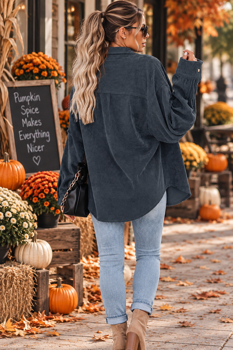 Load image into Gallery viewer, Dark Gray Corduroy Long Sleeve Button Up Top