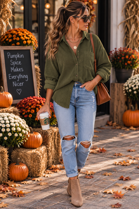 Load image into Gallery viewer, Army Green Corduroy Long Sleeve Button Up Top