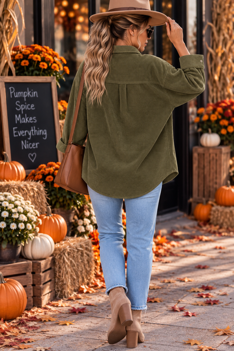 Load image into Gallery viewer, Army Green Corduroy Long Sleeve Button Up Top