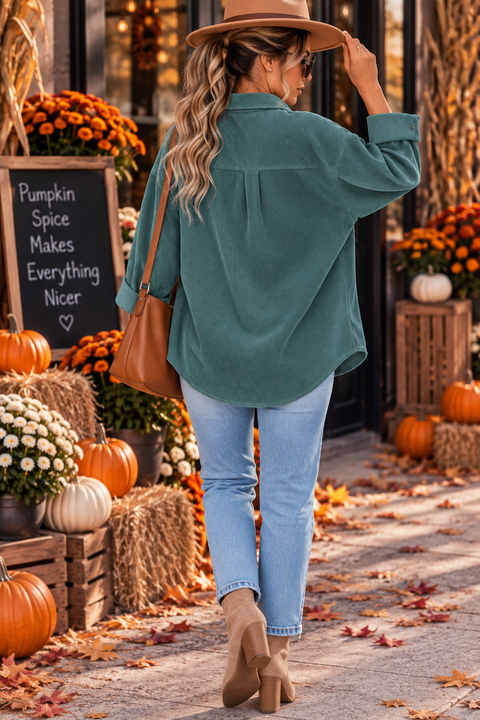 Load image into Gallery viewer, Teal Green Corduroy Long Sleeve Button Up Top