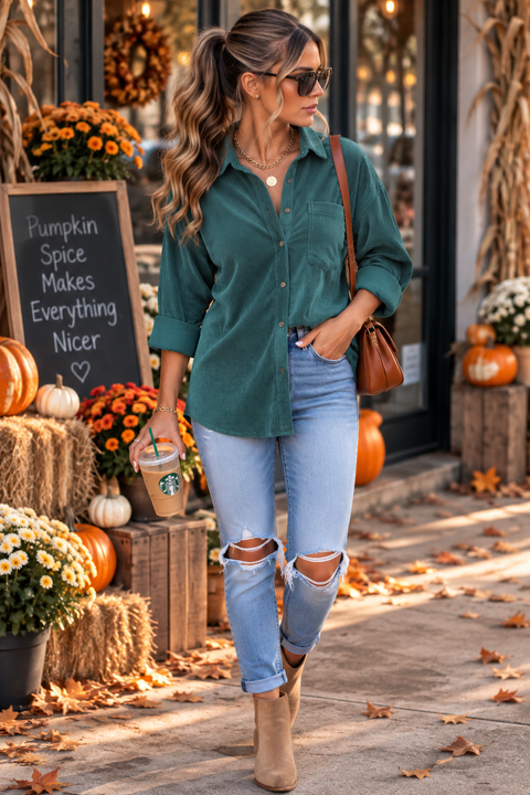 Load image into Gallery viewer, Teal Green Corduroy Long Sleeve Button Up Top