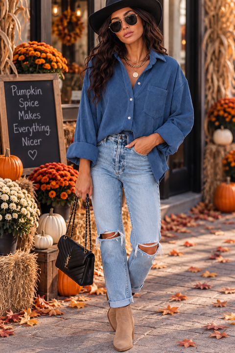 Load image into Gallery viewer, Blue Corduroy Long Sleeve Button Up Top