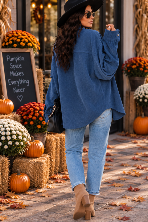 Load image into Gallery viewer, Blue Corduroy Long Sleeve Button Up Top