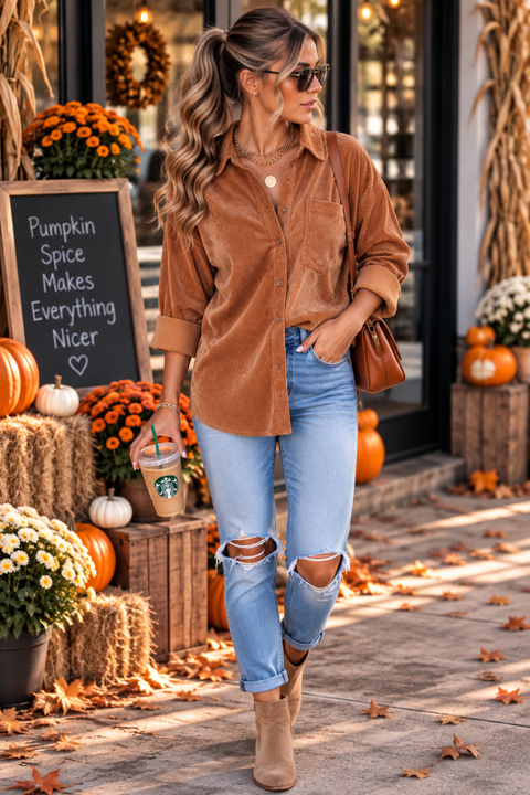 Load image into Gallery viewer, Caramel Corduroy Long Sleeve Button Up Top
