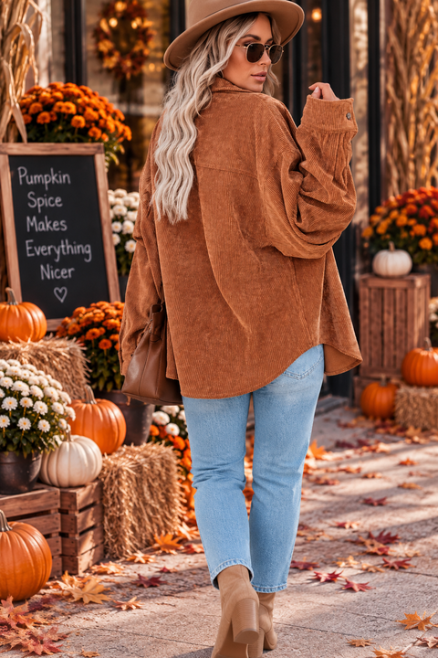Load image into Gallery viewer, Caramel Corduroy Long Sleeve Button Up Top