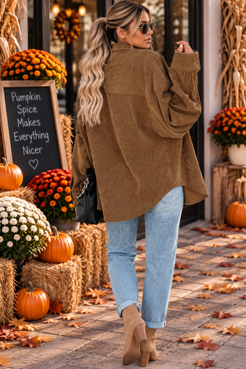 Load image into Gallery viewer, Camel Brown Corduroy Long Sleeve Button Up Top