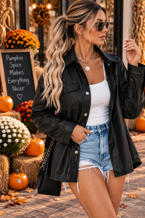 Load image into Gallery viewer, Black Leather Like Long Sleeve Snap Button