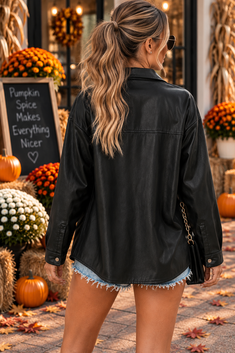 Load image into Gallery viewer, Black Leather Like Long Sleeve Snap Button