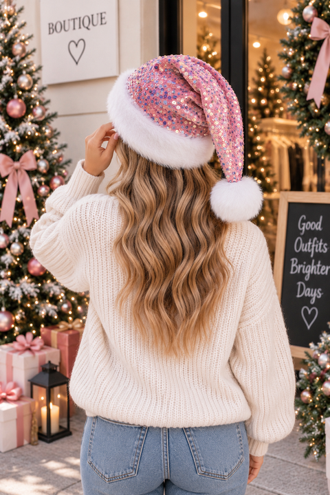 Load image into Gallery viewer, Rose Pink Sparkly Sequin Santa Hat | Women’s Santa Hat