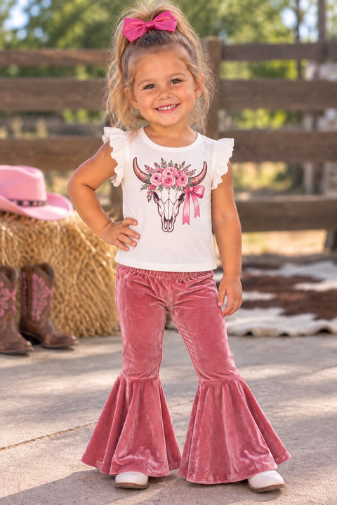 Load image into Gallery viewer, Girls Dusty Rose Velvet Bell Bottom Flare Pants – Ruffle Hem Y2K Style