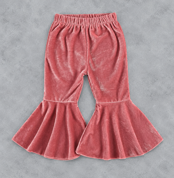 Load image into Gallery viewer, Girls Dusty Rose Velvet Bell Bottom Flare Pants – Ruffle Hem Y2K Style