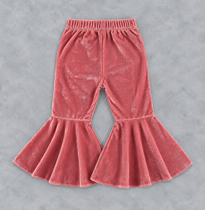 Load image into Gallery viewer, Girls Dusty Rose Velvet Bell Bottom Flare Pants – Ruffle Hem Y2K Style