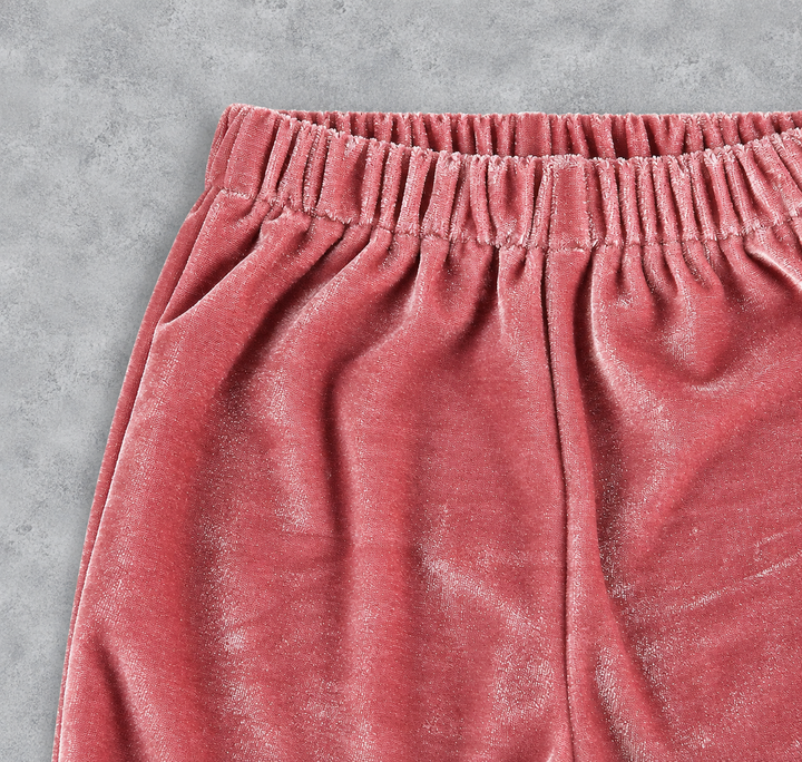 Load image into Gallery viewer, Girls Dusty Rose Velvet Bell Bottom Flare Pants – Ruffle Hem Y2K Style