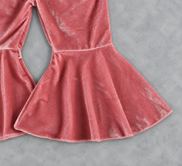 Load image into Gallery viewer, Girls Dusty Rose Velvet Bell Bottom Flare Pants – Ruffle Hem Y2K Style