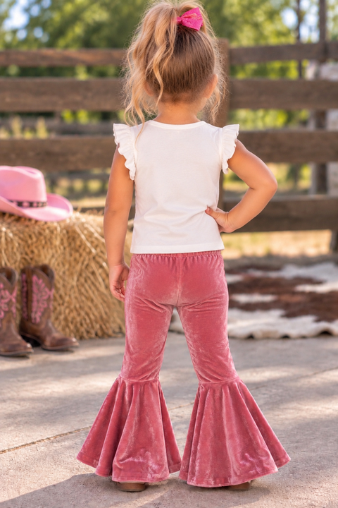 Load image into Gallery viewer, Girls Dusty Rose Velvet Bell Bottom Flare Pants – Ruffle Hem Y2K Style