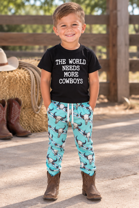 Load image into Gallery viewer, The World Needs More Cowboys Shirt &amp; Pants Set, Western Cowboy Steer Skull Print Pants – Turquoise Blue Aztec