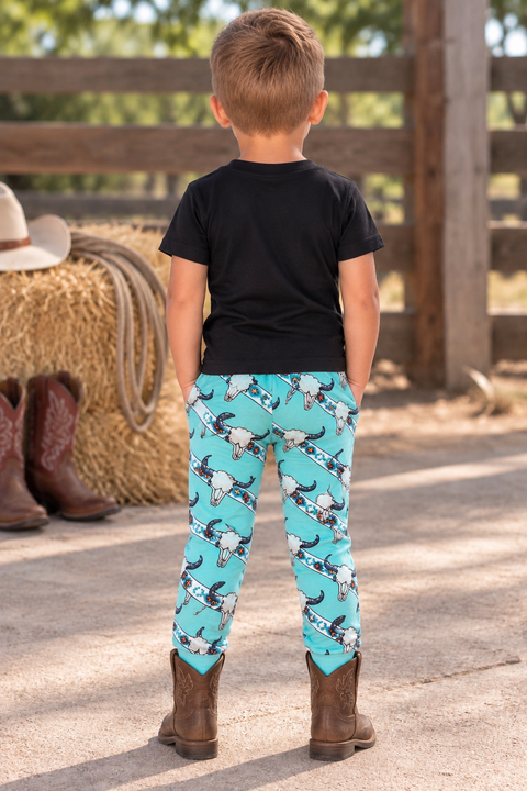 Load image into Gallery viewer, The World Needs More Cowboys Shirt &amp; Pants Set, Western Cowboy Steer Skull Print Pants – Turquoise Blue Aztec