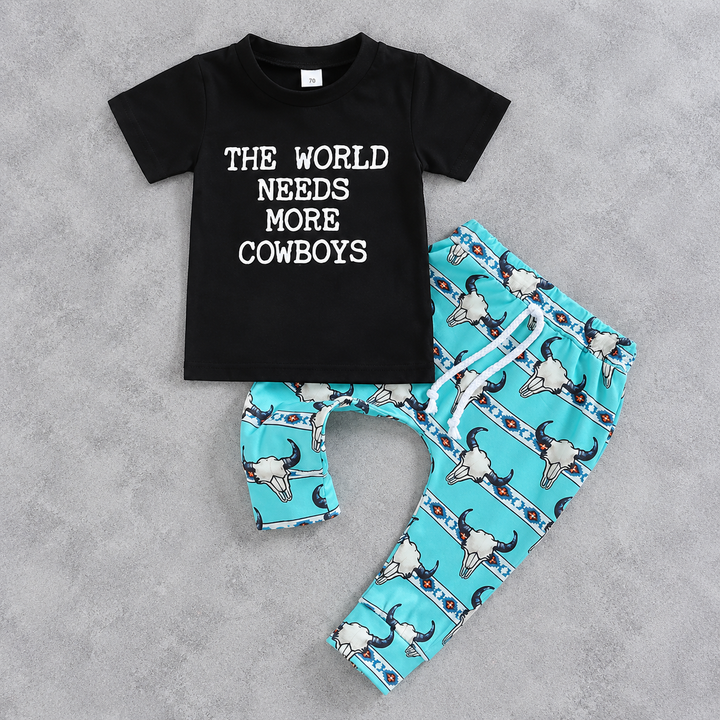 Load image into Gallery viewer, The World Needs More Cowboys Shirt &amp; Pants Set, Western Cowboy Steer Skull Print Pants – Turquoise Blue Aztec