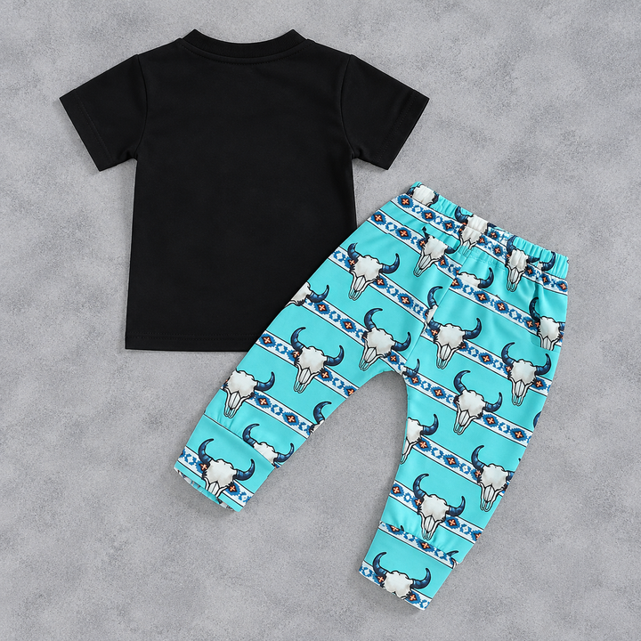 Load image into Gallery viewer, The World Needs More Cowboys Shirt &amp; Pants Set, Western Cowboy Steer Skull Print Pants – Turquoise Blue Aztec