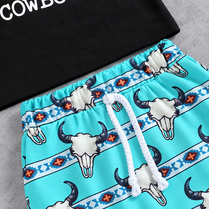 Load image into Gallery viewer, The World Needs More Cowboys Shirt &amp; Pants Set, Western Cowboy Steer Skull Print Pants – Turquoise Blue Aztec