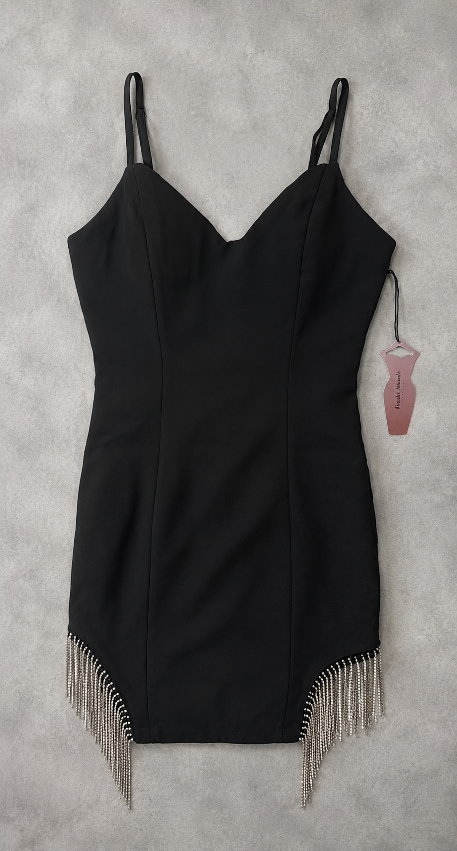 haute monde black dress Rhinestone Fringe Mini Long Ball Gown Satin SuitPantBadge From RK Collections Boutique Head size:S - 21 3/4 in - 55.2 cm