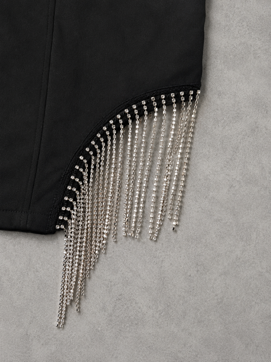 Load image into Gallery viewer, Haute Monde Black Rhinestone Fringe Mini Dress