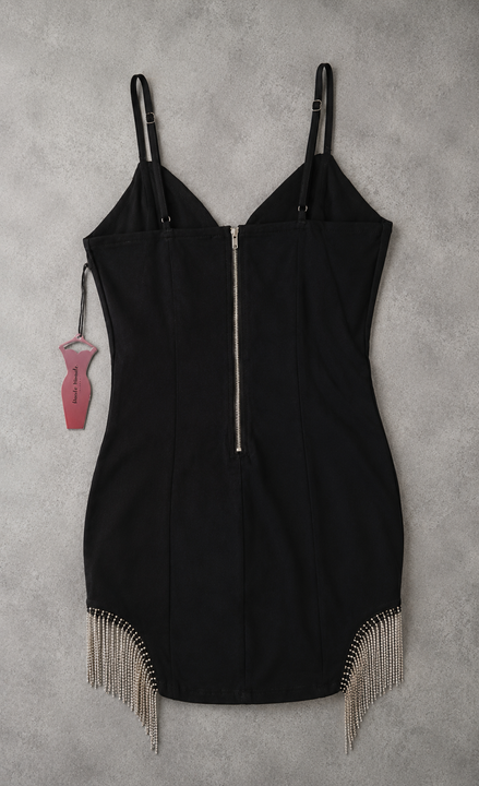 Load image into Gallery viewer, Haute Monde Black Rhinestone Fringe Mini Dress