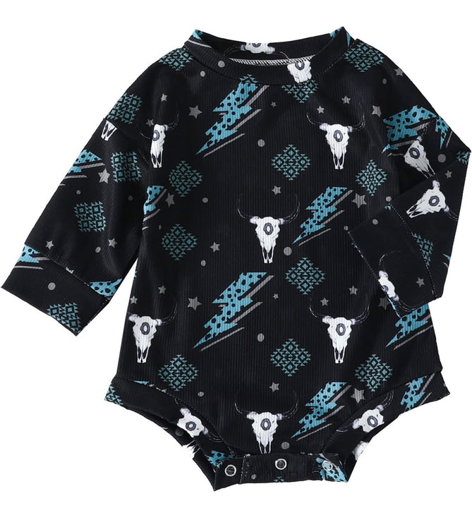 Load image into Gallery viewer, Cow Skull &amp; Lightning Bolts Bodysuit | Western Bodysuit | Baby Boy Clothes | Western Shirt |