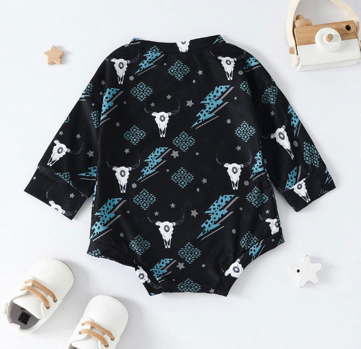 Load image into Gallery viewer, Cow Skull &amp; Lightning Bolts Bodysuit | Western Bodysuit | Baby Boy Clothes | Western Shirt |