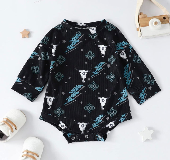 Load image into Gallery viewer, Cow Skull &amp; Lightning Bolts Bodysuit | Western Bodysuit | Baby Boy Clothes | Western Shirt |