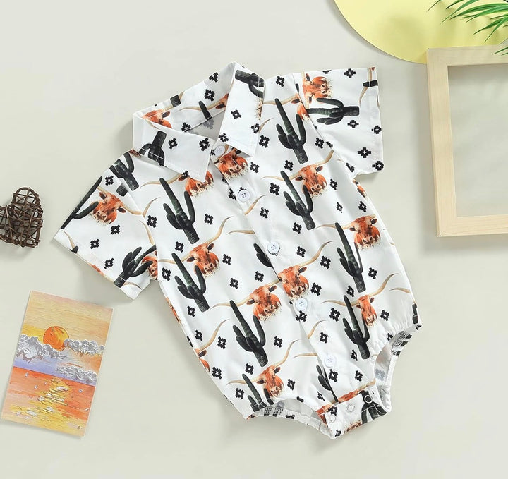 Load image into Gallery viewer, Highland Cow &amp; Cactus Button Up Bodysuit | Western Bodysuit | Baby Boy Clothes | Western Baby Shirt