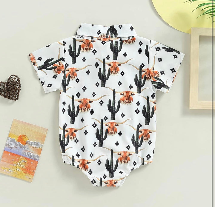 Load image into Gallery viewer, Highland Cow &amp; Cactus Button Up Bodysuit | Western Bodysuit | Baby Boy Clothes | Western Baby Shirt