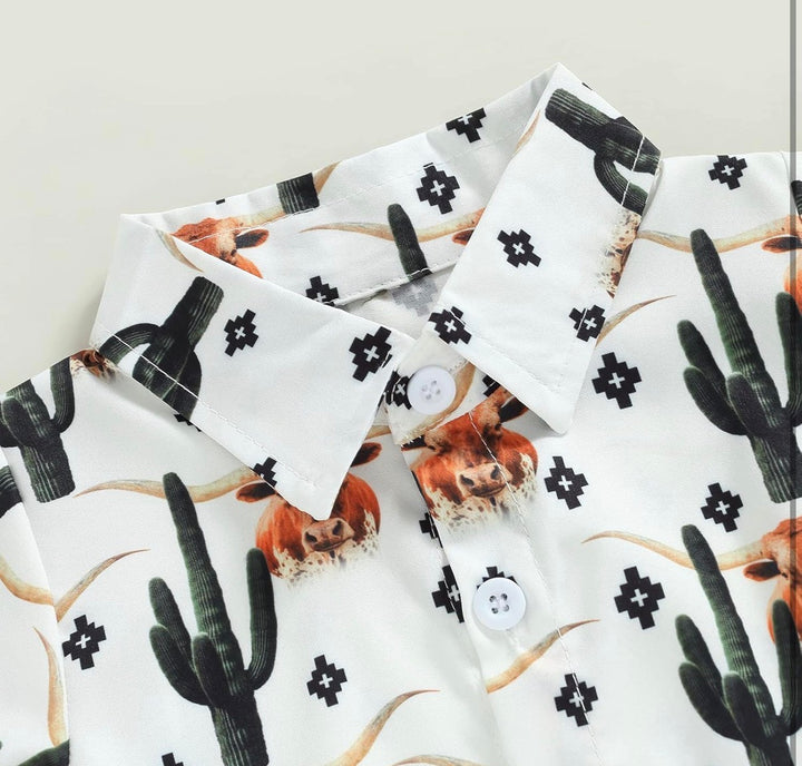 Load image into Gallery viewer, Highland Cow &amp; Cactus Button Up Bodysuit | Western Bodysuit | Baby Boy Clothes | Western Baby Shirt