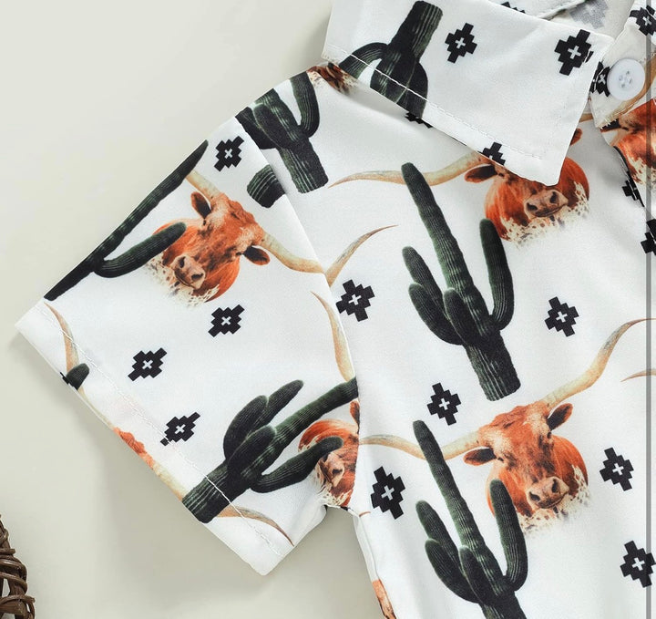 Load image into Gallery viewer, Highland Cow &amp; Cactus Button Up Bodysuit | Western Bodysuit | Baby Boy Clothes | Western Baby Shirt