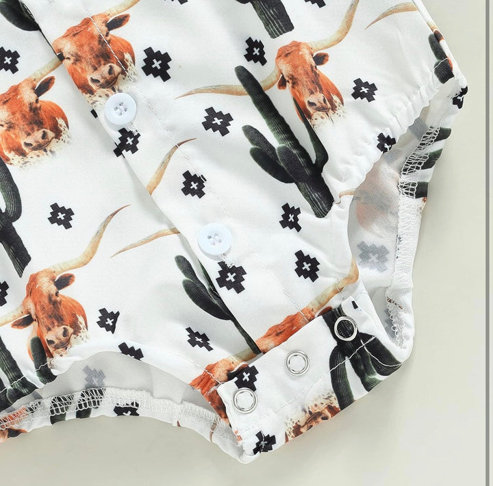 Load image into Gallery viewer, Highland Cow &amp; Cactus Button Up Bodysuit | Western Bodysuit | Baby Boy Clothes | Western Baby Shirt